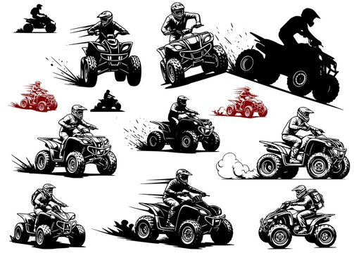 Set of ATV quad bike rider silhouettes. Dynamic black and white vector illustrations of extreme off-road motorsport isolated on white background