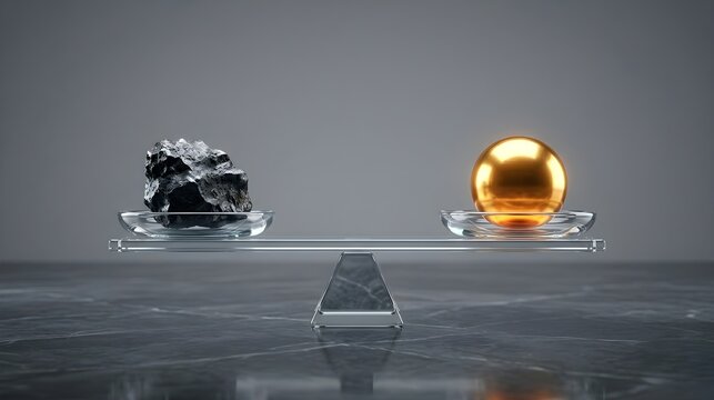 Minimalist balance scale weighing golden sphere against dark coal rock 3D render