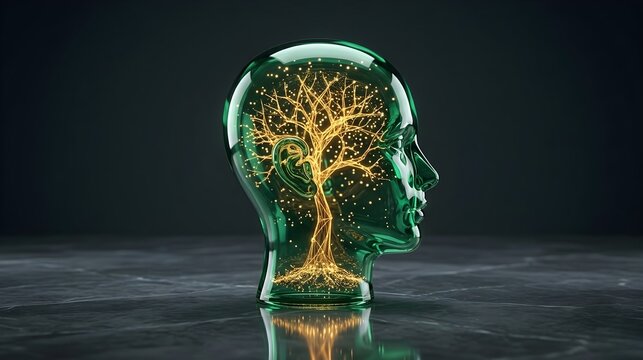 Abstract 3D render of human head profile with golden growing tree inside brain