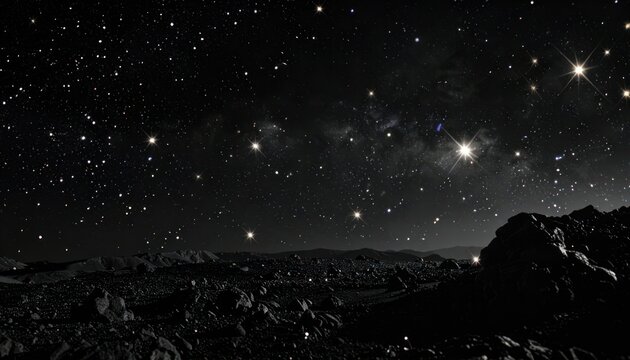Cosmic expanse, stellar brilliance, desolate terrain, ethereal glow