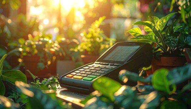A modern payment terminal rests amidst lush greenery, bathed in warm sunlight, symbolizing the intersection of technology and nature in a sustainable business environment.