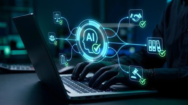 AI ethics. AI governance and compliance. Responsible and fair AI development and use of AI. Businessman using explainable AI on laptop computer.