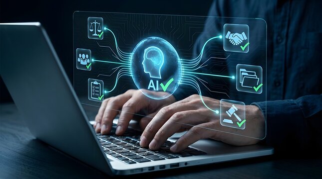 AI ethics. AI governance and compliance. Responsible and fair AI development and use of AI. Businessman using explainable AI on laptop computer.