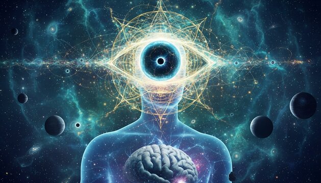 Ethereal consciousness expanding like a fractal bloom: a glowing human third eye opens to reveal an entire universe inside, sacred geometry mandalas morphing into cosmic webs