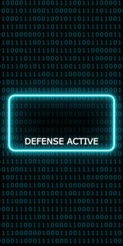 Cyber security defense active alert with glowing neon warning and digital binary code background animation