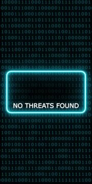 No threats found digital security notification with neon warning and binary code background, for cyber safety