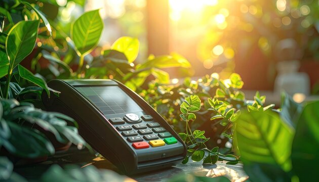 A modern payment terminal rests amidst lush greenery, bathed in warm sunlight, symbolizing the intersection of technology and nature.