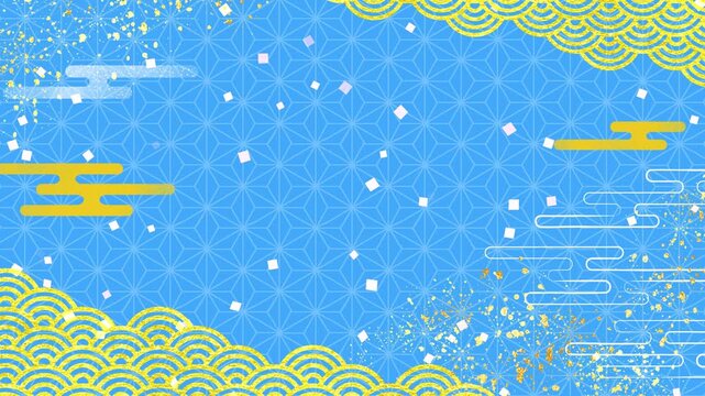 和柄　青　金箔　麻の葉　青海波　文様　紙吹雪　和風　爽やか　高級感　豪華　和　枠　キラキラ　おしゃれ　お中元　暑中見舞い　こどもの日　夏祭り　年賀　Japanese pattern.Blue and gold background.Loop video.