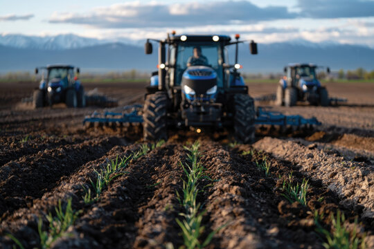 Three advanced tractors work together to prepare the soil for planting, highlighting the significance of technology in enhancing agricultural productivity and efficiency.