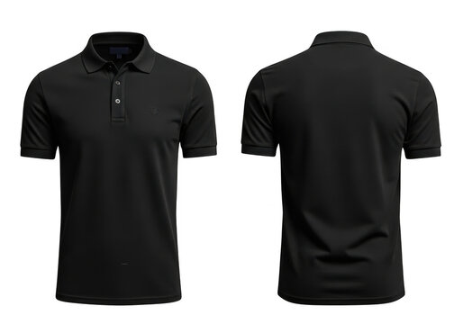 Men's slim fit black polo shirt front and back view isolated on transparent background