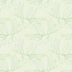 Fototapeta premium pattern of minimalist hand-drawn olive branches in line art style on light green background for organic cosmetics branding, mediterranean wellness decor and eco-friendly packagin