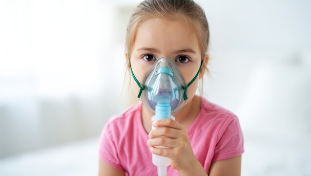 A young girl using an inhaler to manage her asthma symptoms, wearing a mask on her face and holding the device in her hand, looking concerned but hopeful for relief