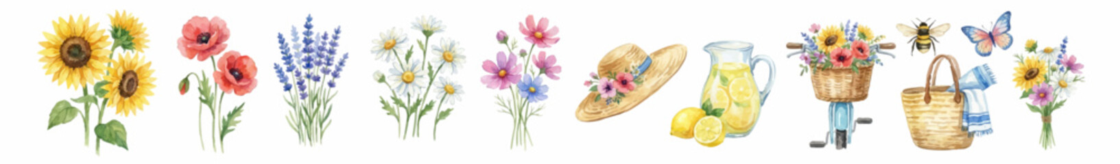 Naklejka premium Wildflowers and seasonal lifestyle objects, soft watercolor style. Collection of Vector illustrations for invitation, card, poster, banner, decoration