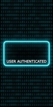 User authenticated digital security interface with glowing neon warning and binary code background animation
