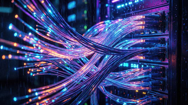 Glowing Fiber Optic Cables Server Room Blue Purple Data Network Technology Infrastructure Digital Background