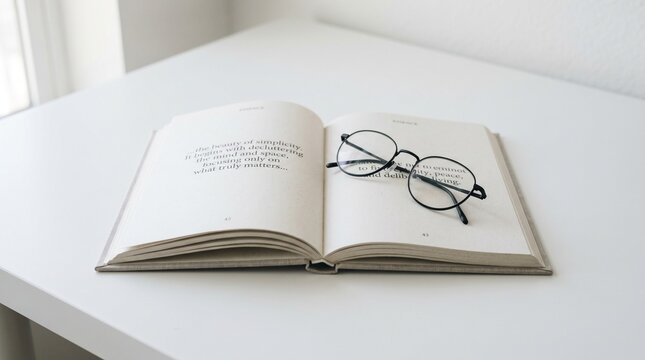 A pair of round-rimmed reading glasses rests on an open book placed on a white surface, suggesting a moment of contemplation or study