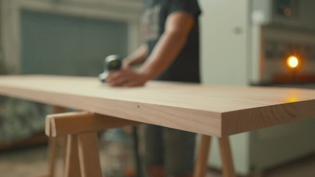 Carpenter sanding wood tabletop with orbital sander