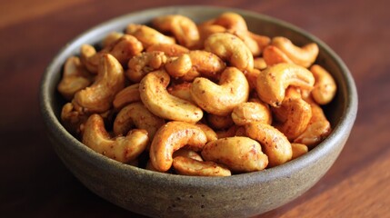 Fototapeta premium Roasted spiced cashews in a rustic ceramic bowl on a wooden surface