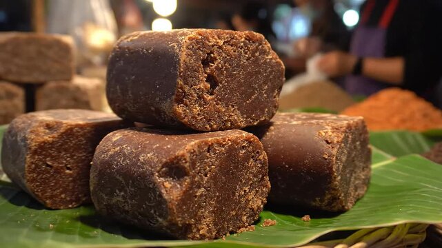 A stack of jaggery cubes on green banana leaves with spices in the background at a market