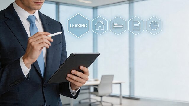 Businessman holding tablet and pen in modern office with leasing real estate icons house bed documents chart overlay for property rental management