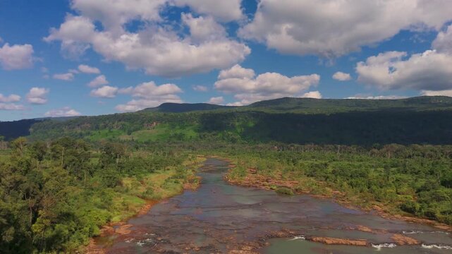 Aerial Drone Footage Tropical Landscape Surrounding Sae Pong Lai Waterfall Dense Jungle Attapeu Laos