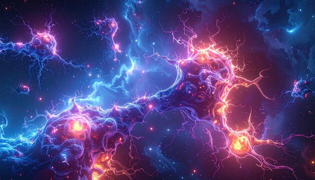 Vivid cosmic nebula of fiery orange and azure blue swirling energy