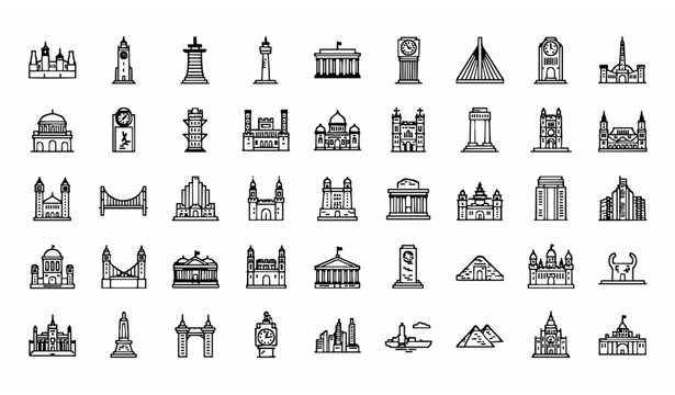 World landmarks outline icon set with famous places travel monuments and global destination symbols
