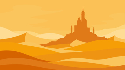 Silhouette of old castle on mountain at sunset with warm sky © ruposhi