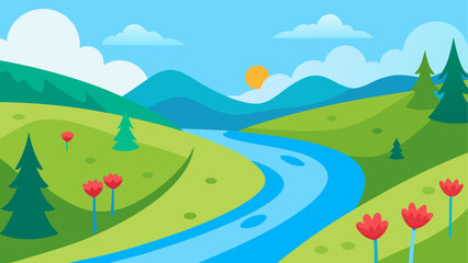 Fototapeta premium Curvy river flowing through green countryside with blue sky