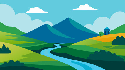 Naklejka premium Green valley with river and mountains under blue sky