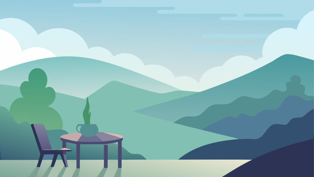 Empty wooden chair by calm lake with green mountains