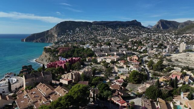 Aerial view of coastal town and cliffs in Costa Blanca Spain
