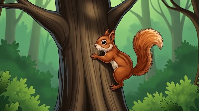Cartoon squirrel climbing up a large tree trunk in the forest