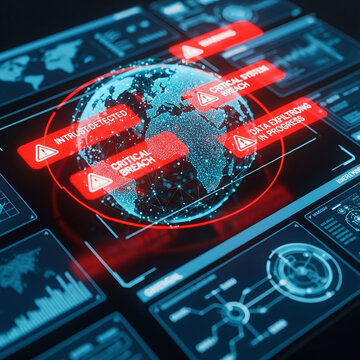 Global digital security breach alert illustration with critical system warnings and data exfiltration in progress