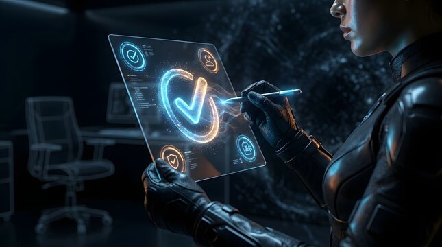 Futuristic woman in dark suit uses stylus to interact with glowing holographic interface displaying checkmarks and icons in a modern office.