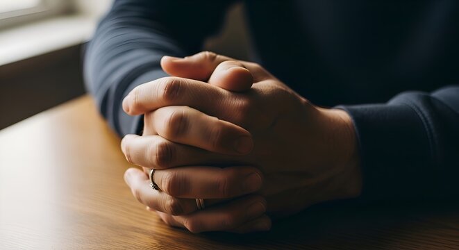 Close-up of man's hands clasped together, showing a wedding ring, on a wooden table.