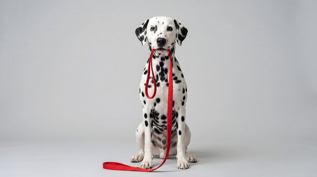 A well-trained and eager Dalmatian dog patiently holds a bright red leash, symbolizing readiness for a walk and loyal companionship
