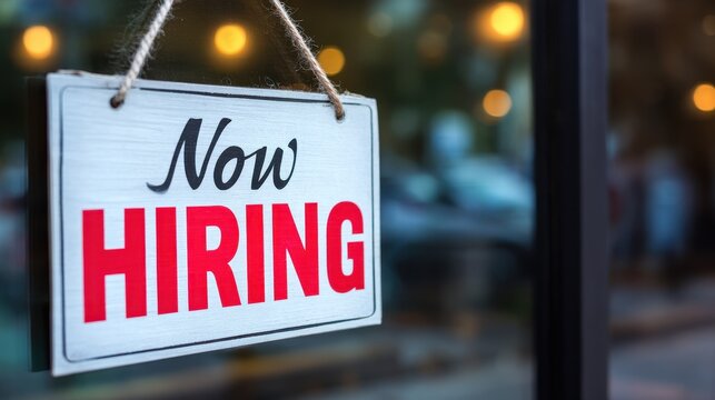 Now Hiring sign hanging on a shop glass window