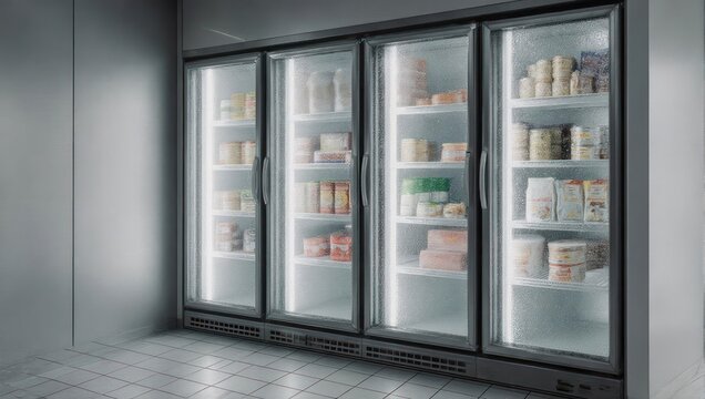 Brightly lit commercial refrigeration unit showcases various packaged foods within glass doors