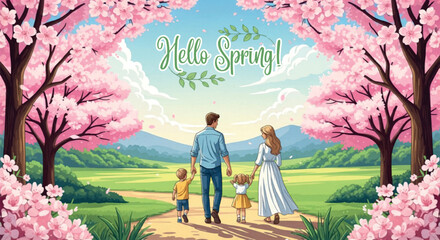 Spring landscape with happy family walking under cherry blossom trees, Hello Spring greeting card vector, blooming sakura park scenery isolated PNG with Transparent Background © Cozirooh.com