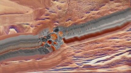 Abstract digital art featuring intricate ammonite fossils on a textured sandstone and grey mineral background. © DECHA