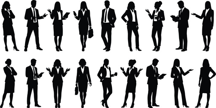 Business people silhouettes collection professional men and women standing talking using devices vector set for corporate and office design