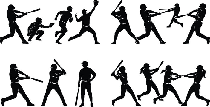 Baseball and softball player silhouettes collection batting pitching catching and running vector set for sport team design