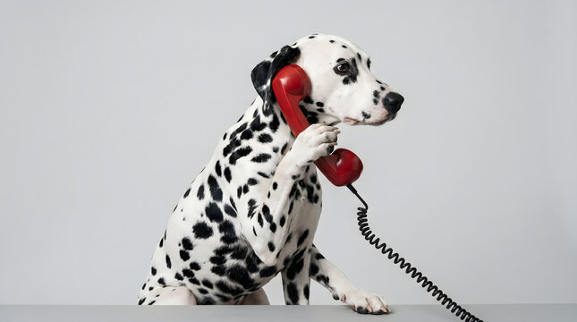 Dalmatian Dog Dressed as a Receptionist Answering a Red Phone on a Desk, Studio Portrait