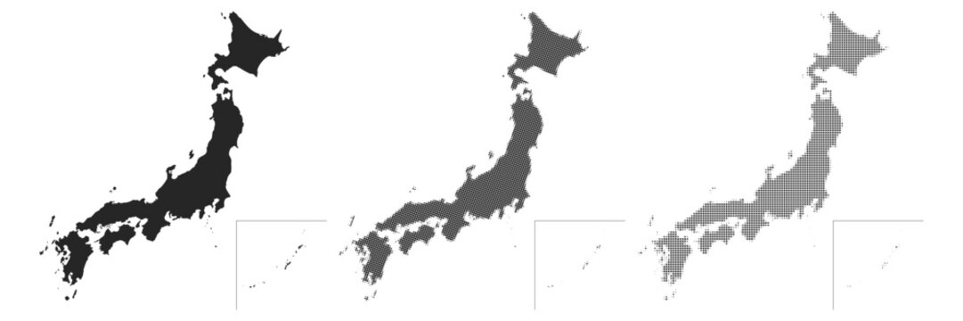 Vector set of Japan silhouettes in black. Includes solid flat map, dotted halftone, and square halftone patterns. Isolated on a transparent background for modern infographic and web design