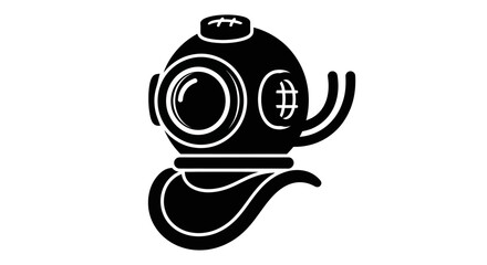 Obraz premium Silhouette of a diving helmet with a rounded glass front and attached breathing apparatus.