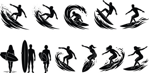 Fototapeta premium Surfing silhouettes collection dynamic surfers riding ocean waves vector illustration set for summer sport and beach lifestyle design