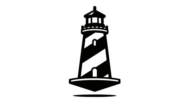 Black-and-white lighthouse icon isolated on a plain background, symbolizing guidance and safety. Commonly used for nautical themes.