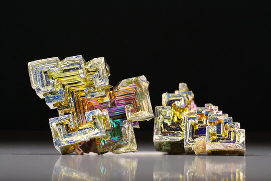 Bismuth crystals. Bismuth - chemical element with symbol Bi and atomic number 83