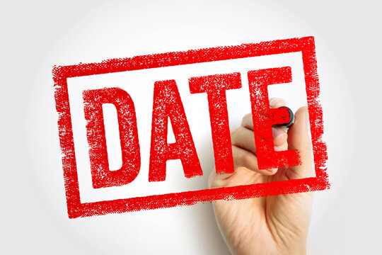 DATE word written in a stamp style by a hand holding a marker. Symbolic of time, meeting, romantic encounter, and social appointment.